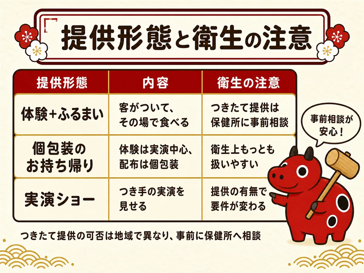 ホテル・旅館・観光施設のインバウンド餅つきにおける3つの提供形態（体験＋ふるまい・個包装のお持ち帰り・実演ショー）と、それぞれの内容・衛生上の注意を並べた比較図