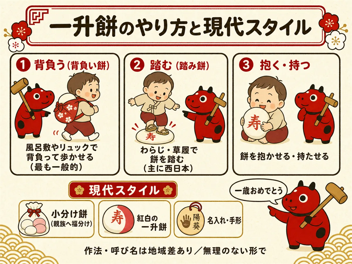 一升餅とは何かとやり方の図。背負う（背負い餅）・踏む（踏み餅、主に西日本）・抱く/持つの3スタイルと、小分けで福分け・紅白・名入れなど現代のバリエーション