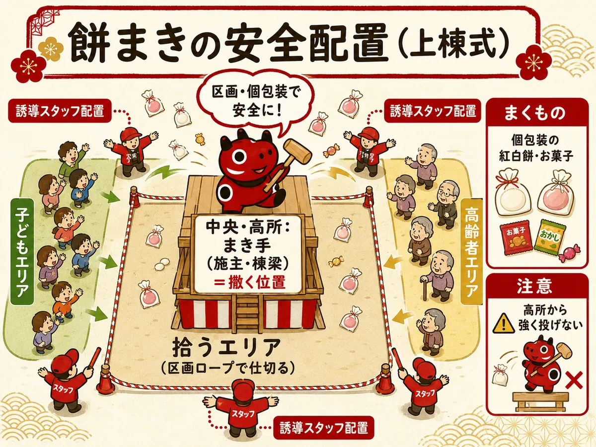上棟式の餅まきの安全配置図。まき手の位置・拾うエリアの区画・子ども/高齢者エリア・誘導スタッフ・個包装