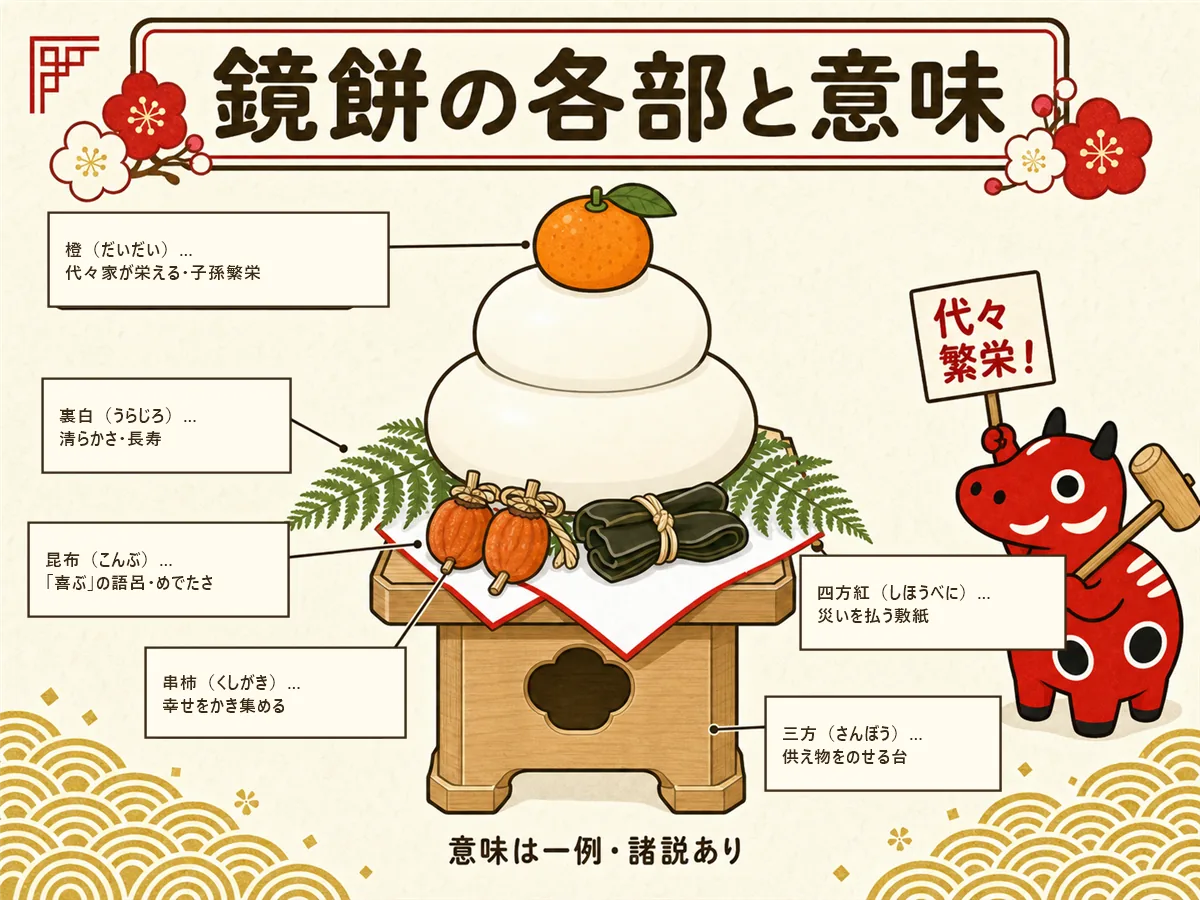 鏡餅とは何かがわかる各部名称の図。橙は子孫繁栄、裏白は清らかさと長寿、昆布は「喜ぶ」の語呂、串柿は幸せをかき集める、四方紅は災いを払う敷紙、三方は供え物をのせる台