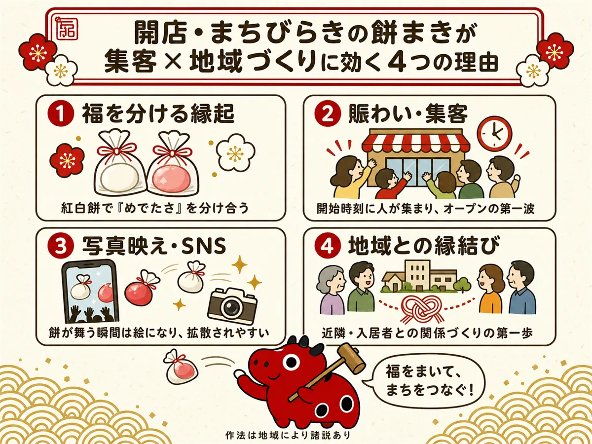 開店祝い・まちびらきの餅まきが集客と地域づくりに合う理由を示す概念図。福を分ける縁起、賑わい・集客、写真映え・SNS、地域との縁結びの4点を並べる