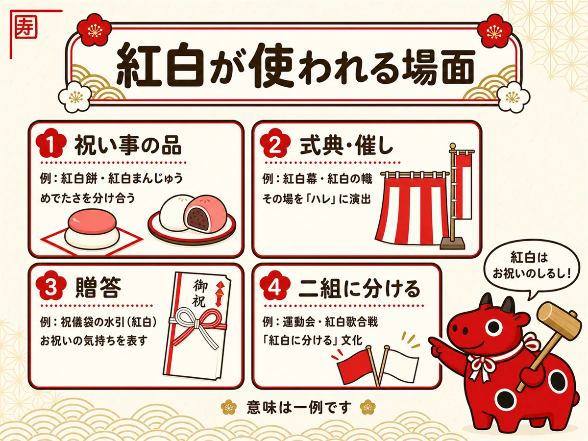 紅白の意味と使われる場面の早見図。紅白餅や紅白まんじゅうの祝いの品、紅白幕や幟の式典演出、祝儀袋の水引の贈答、運動会や紅白歌合戦で二組に分ける文化