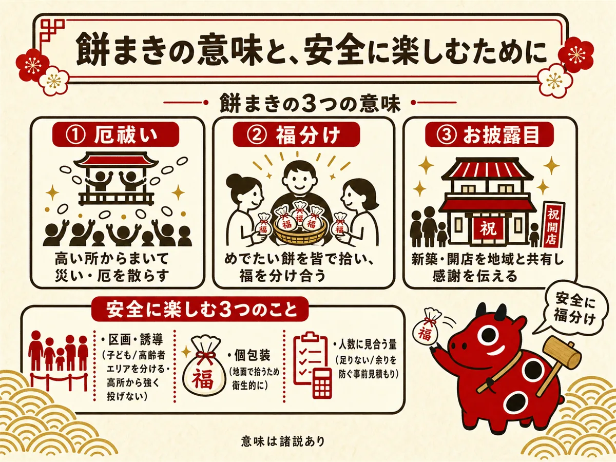 餅まきとは何かがわかる図。災いや厄を祓う・福を分け合う・地域へのお披露目という3つの意味と、区画/誘導・個包装・人数に見合う量という安全に楽しむ要点