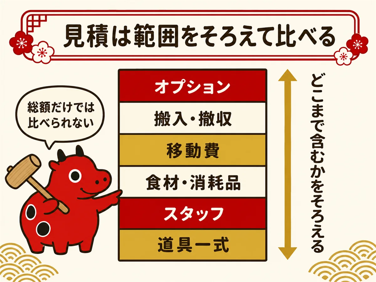 餅つきの見積の内訳を積み上げで示した図。道具一式・スタッフ・食材と消耗品・移動費・搬入と撤収・オプションのどこまでが料金に含まれるかをそろえてから比較することを示す