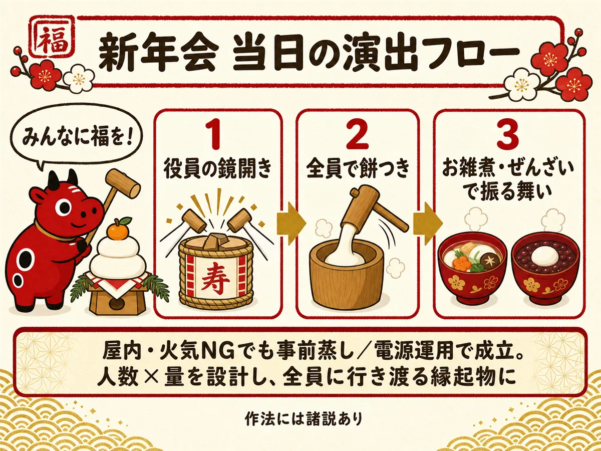 新年会の餅つきの当日フローを示す図。役員による鏡開きを起点に、全員での餅つき、お雑煮やぜんざいの振る舞いへと進む流れと、屋内・火気NGでも事前蒸し・電源運用で成立する条件、人数×量の設計を図解