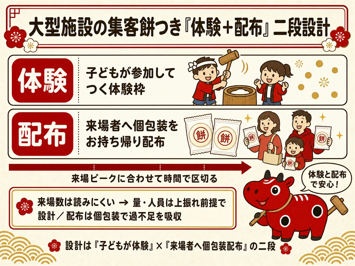 商業施設・ショッピングモールの集客餅つきにおける「体験＋配布の二段」設計の概念図。子どもが参加する体験枠と来場者への個包装配布の二本立てを、来場ピークに合わせて時間で区切り、来場数の変動に対して量・人員を上振れ前提で設計し個包装で過不足を吸収することを示す