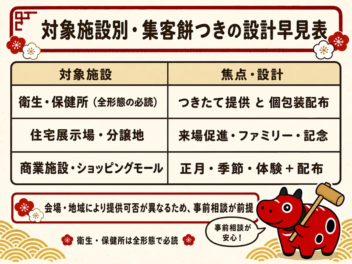 集客・販促イベントとしての餅つきを、衛生・保健所（全形態の必読）・住宅展示場/分譲地・商業施設/ショッピングモールの3対象に分け、それぞれの焦点を対応づけた早見表。衛生は提供と個包装、住宅展示場は来場促進、商業施設は正月・季節・体験と配布に整理している
