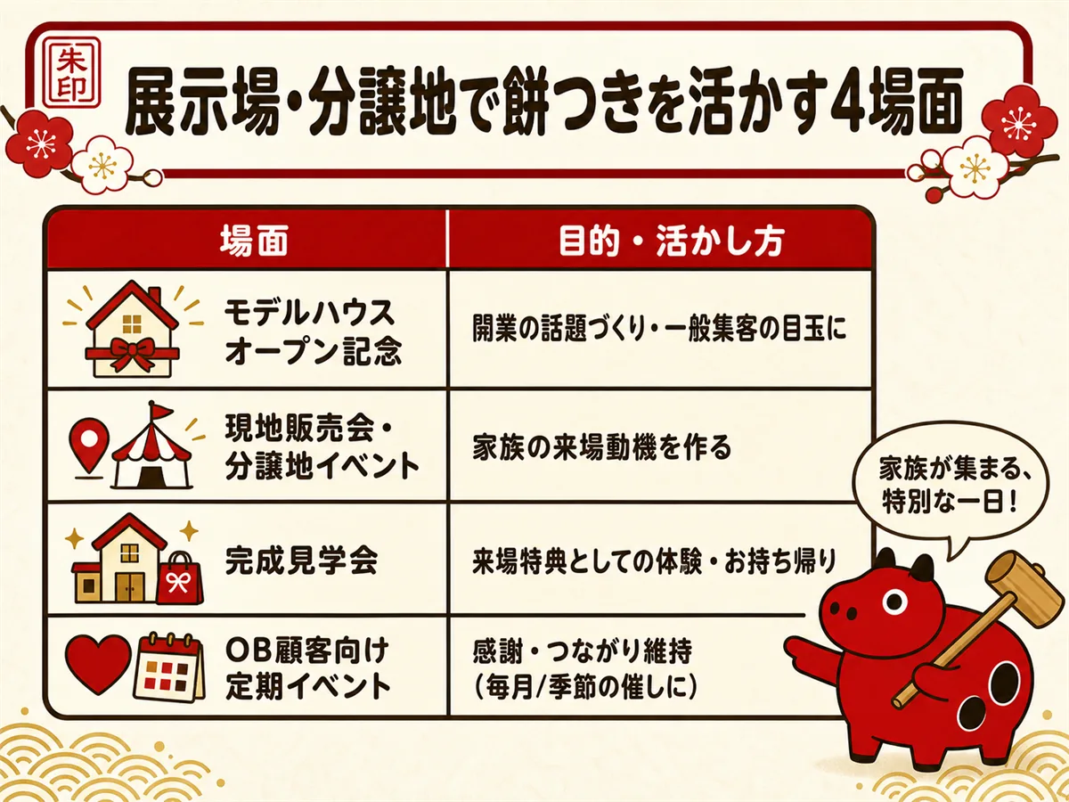 住宅展示場・分譲地の集客に餅つきを活かす4場面（モデルハウスオープン記念・現地販売会・完成見学会・OB顧客向け定期イベント）と、各場面の目的や活かし方を並べた早見表